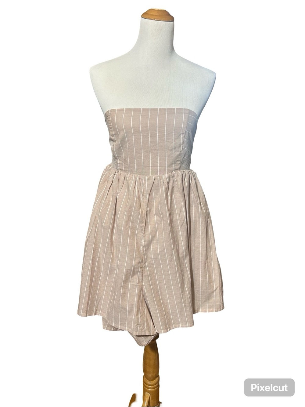 Ultra Flirt Strapless Beige & White Pinstripe romper